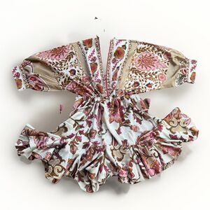 New Aakaa Summer Floral Rose Cream Boho Oversized Mini Dress Belt n Sleeves Sz M